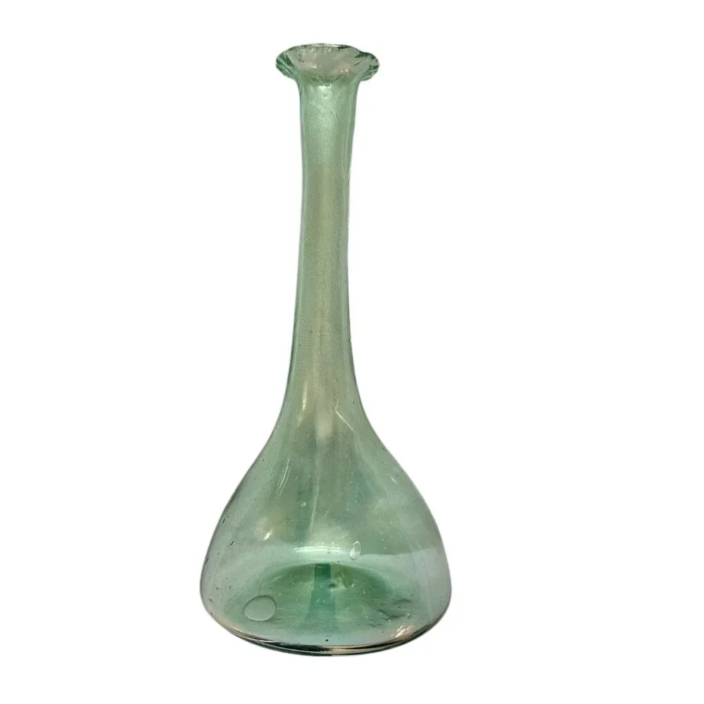 Handblown vintage long stem fluted glass flower bud vase in light green